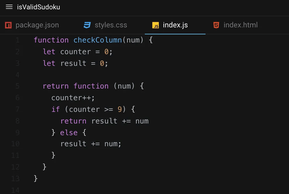 Code for creating a closure to track column values